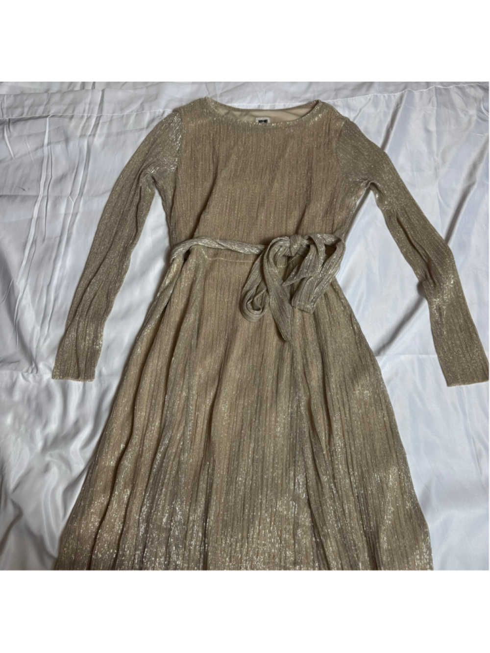 Women's Anne Klein Maxi Dress Size 10 Gold Metallic Long Sleeve - Picture 2 of 8